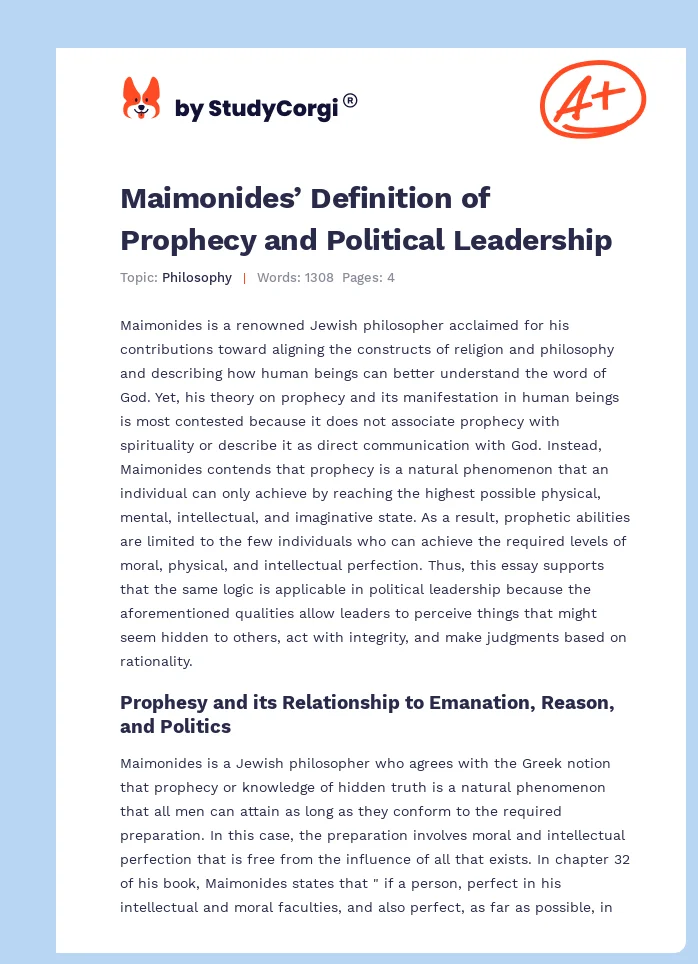 Maimonides’ Definition of Prophecy and Political Leadership. Page 1