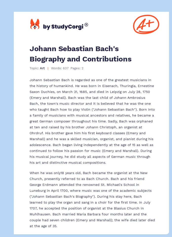 Johann Sebastian Bach's Biography and Contributions. Page 1