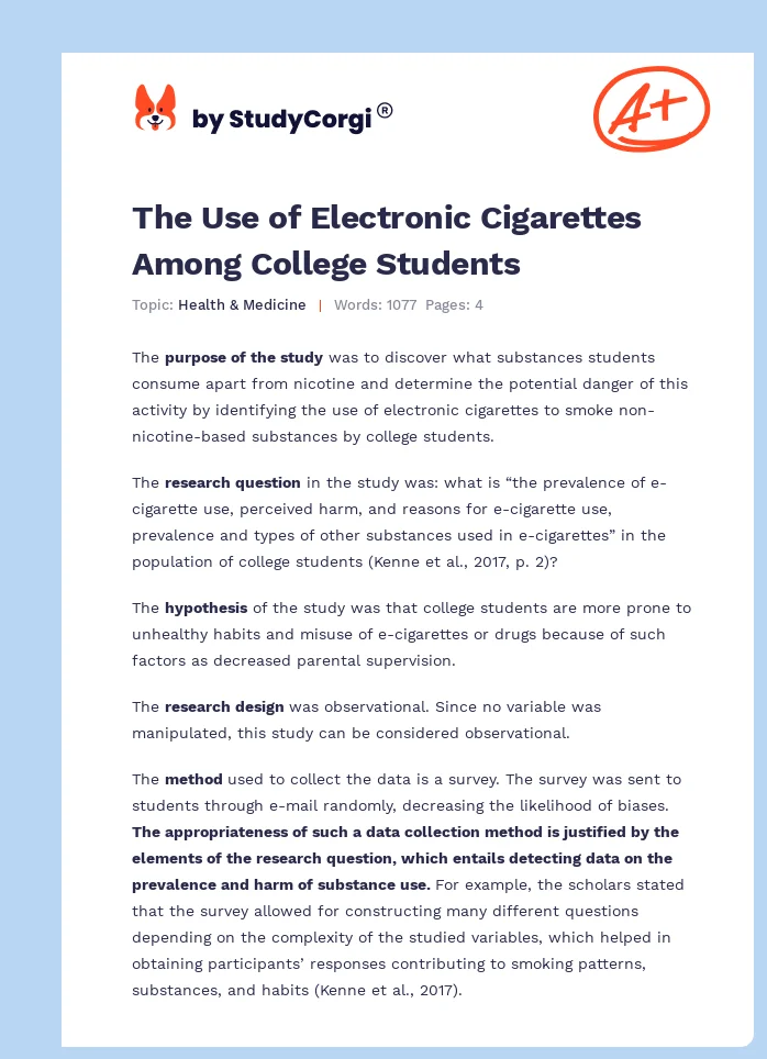 The Use of Electronic Cigarettes Among College Students. Page 1