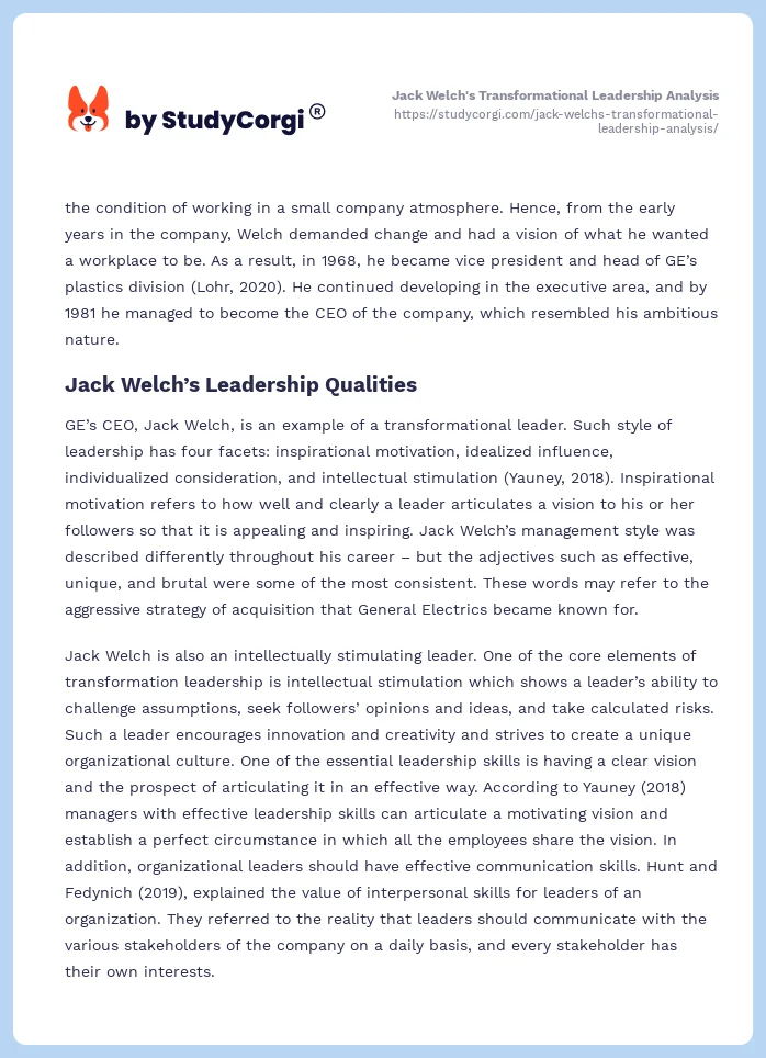 Jack Welch's Transformational Leadership Analysis. Page 2