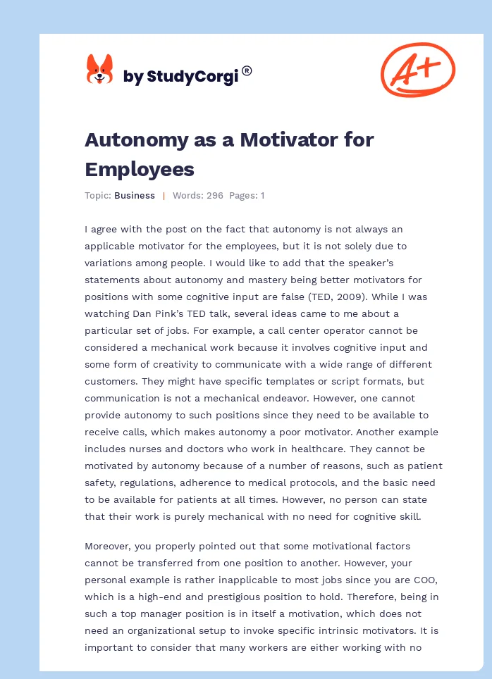 Autonomy as a Motivator for Employees. Page 1