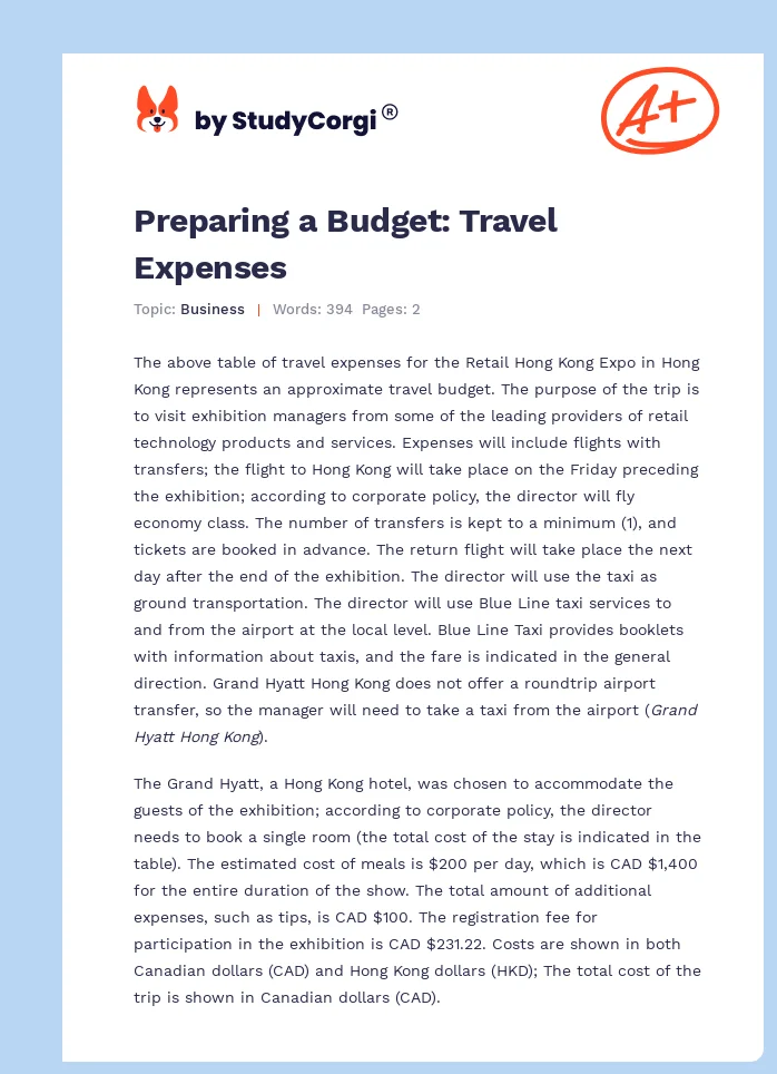Preparing a Budget: Travel Expenses. Page 1