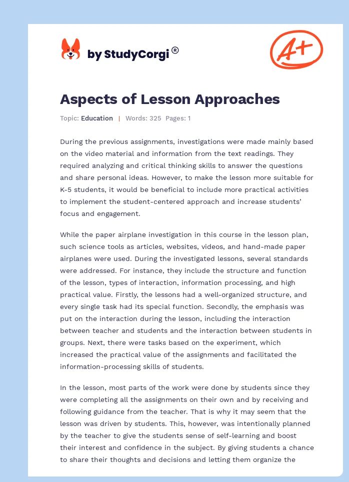 Aspects of Lesson Approaches. Page 1