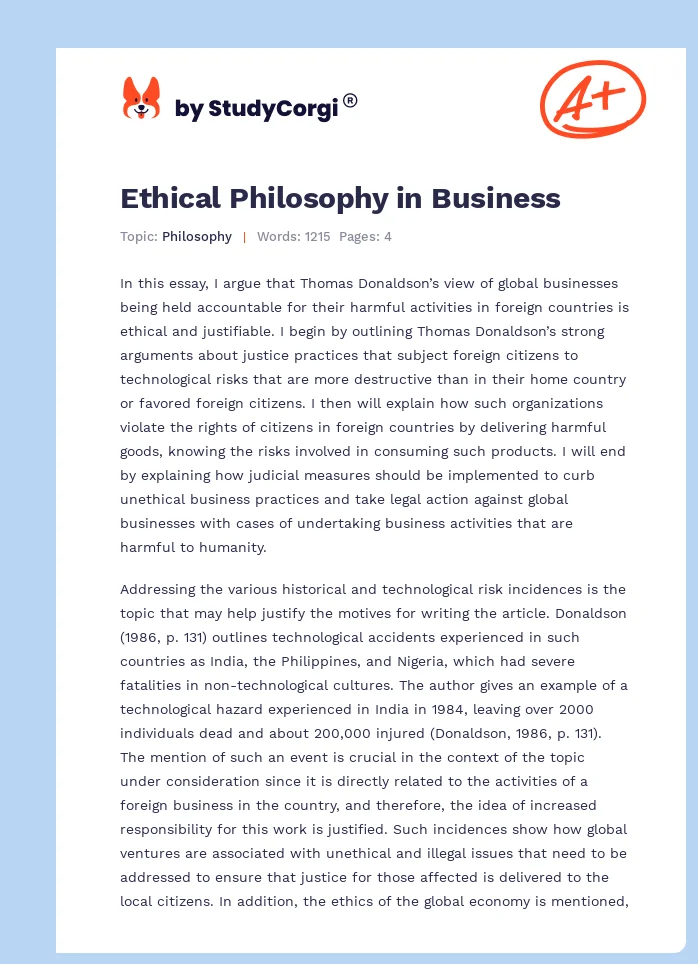 Ethical Philosophy in Business. Page 1