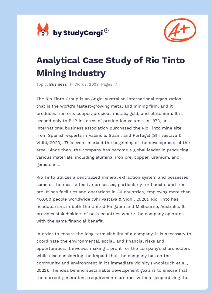 Analytical Case Study of Rio Tinto Mining Industry. Page 1
