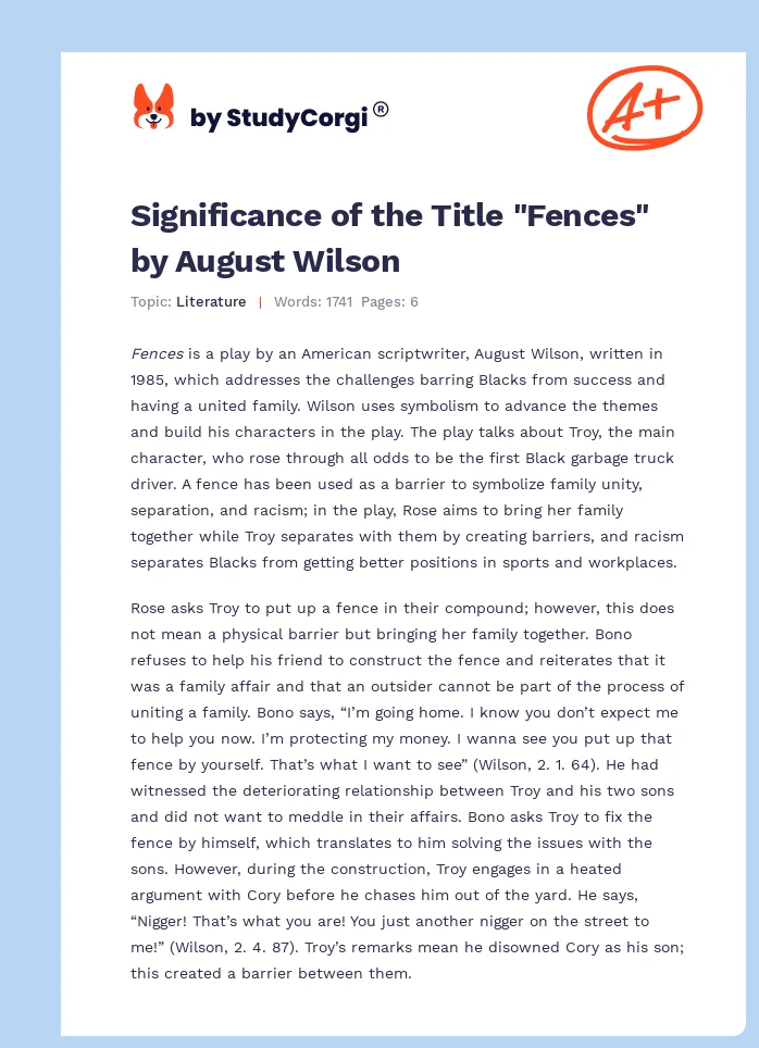 Significance of the Title "Fences" by August Wilson. Page 1
