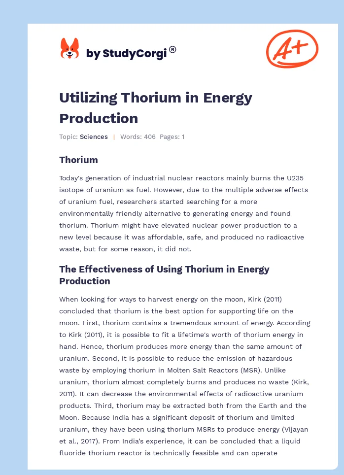Utilizing Thorium in Energy Production. Page 1