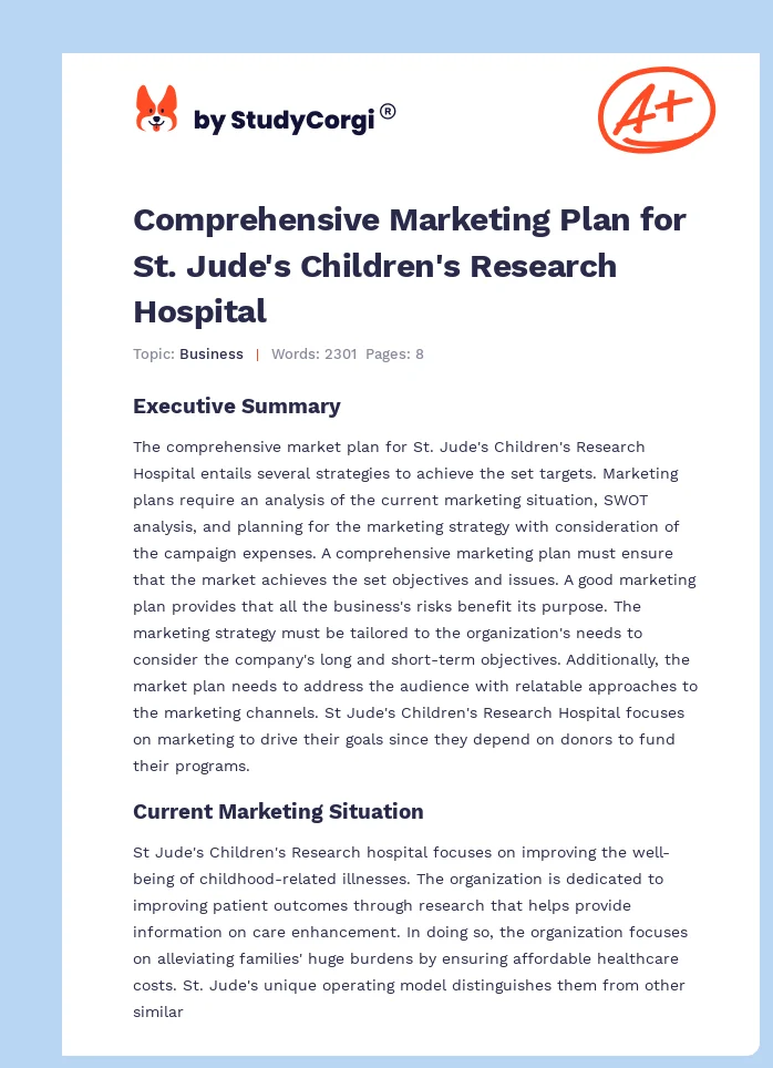 Comprehensive Marketing Plan for St. Jude's Children's Research Hospital. Page 1