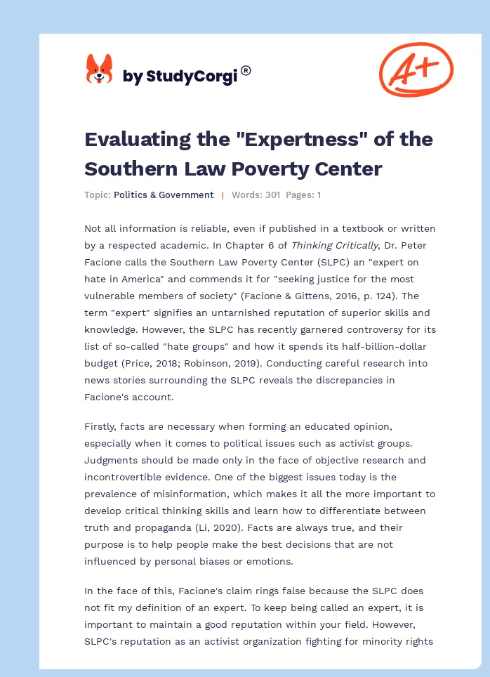 Evaluating the "Expertness" of the Southern Law Poverty Center. Page 1