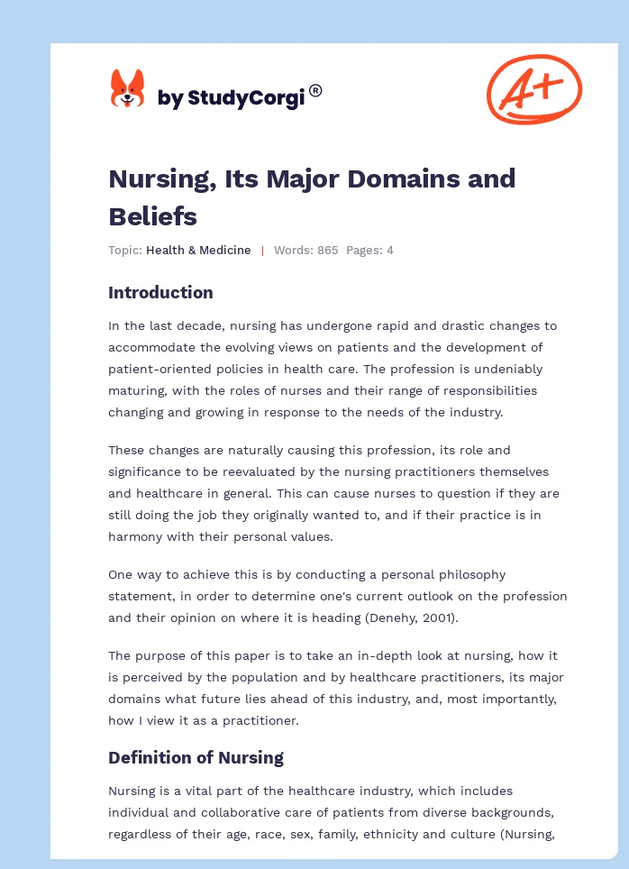 Nursing, Its Major Domains and Beliefs. Page 1