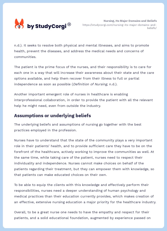 Nursing, Its Major Domains and Beliefs. Page 2