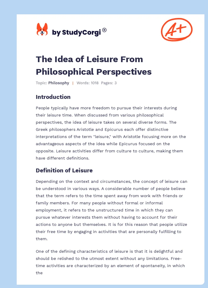 The Idea of Leisure From Philosophical Perspectives. Page 1