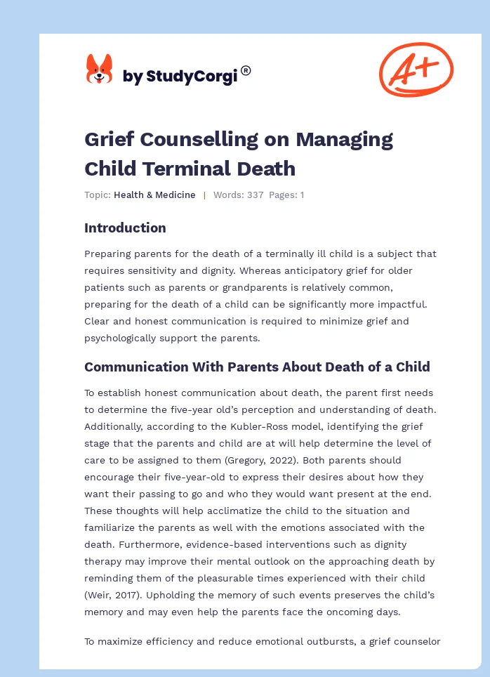 Grief Counselling on Managing Child Terminal Death. Page 1