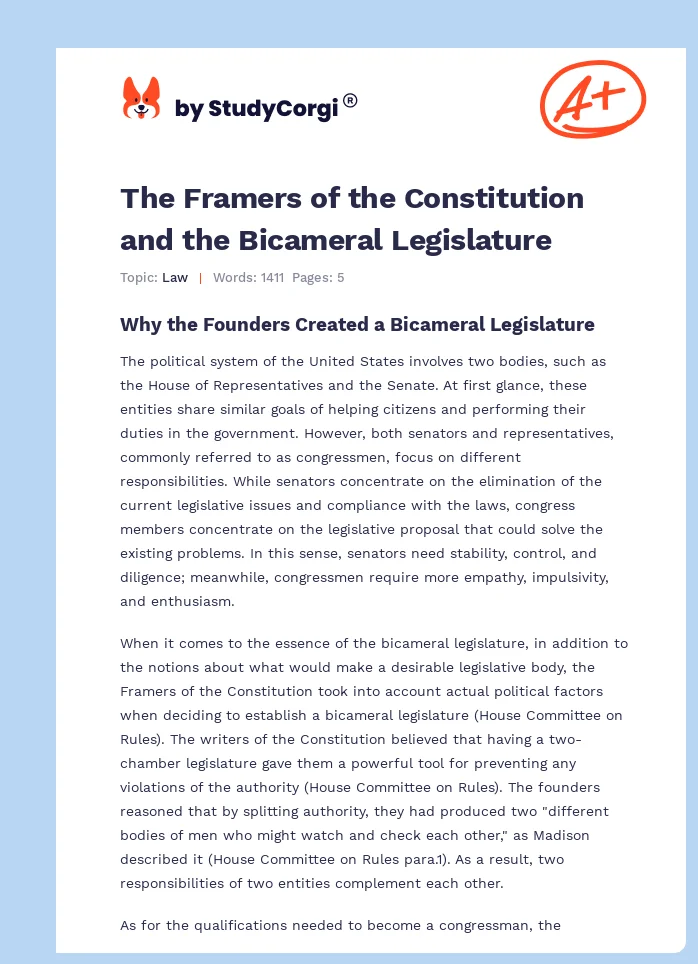 The Framers of the Constitution and the Bicameral Legislature. Page 1