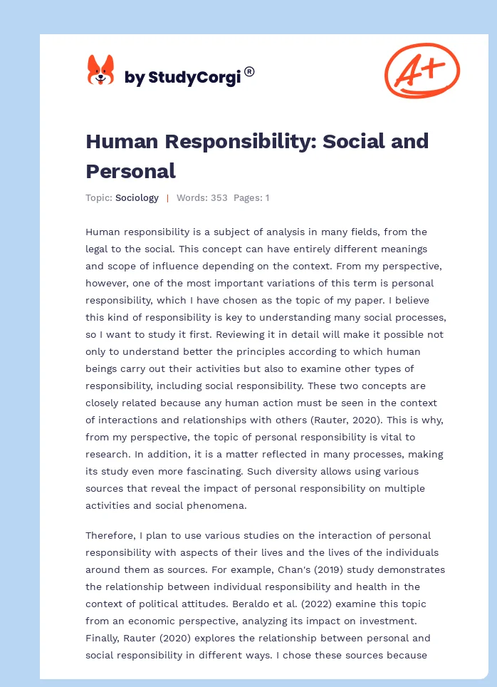 Human Responsibility: Social and Personal. Page 1