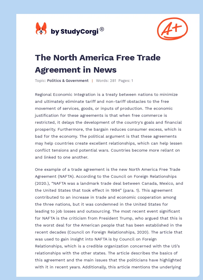 The North America Free Trade Agreement in News. Page 1