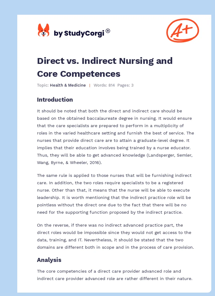 Direct vs. Indirect Nursing and Core Competences. Page 1