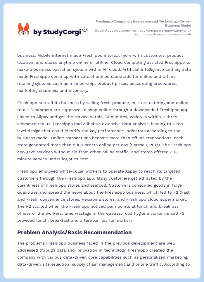 Freshippo Company's Innovation and Technology-Driven Business Model. Page 2