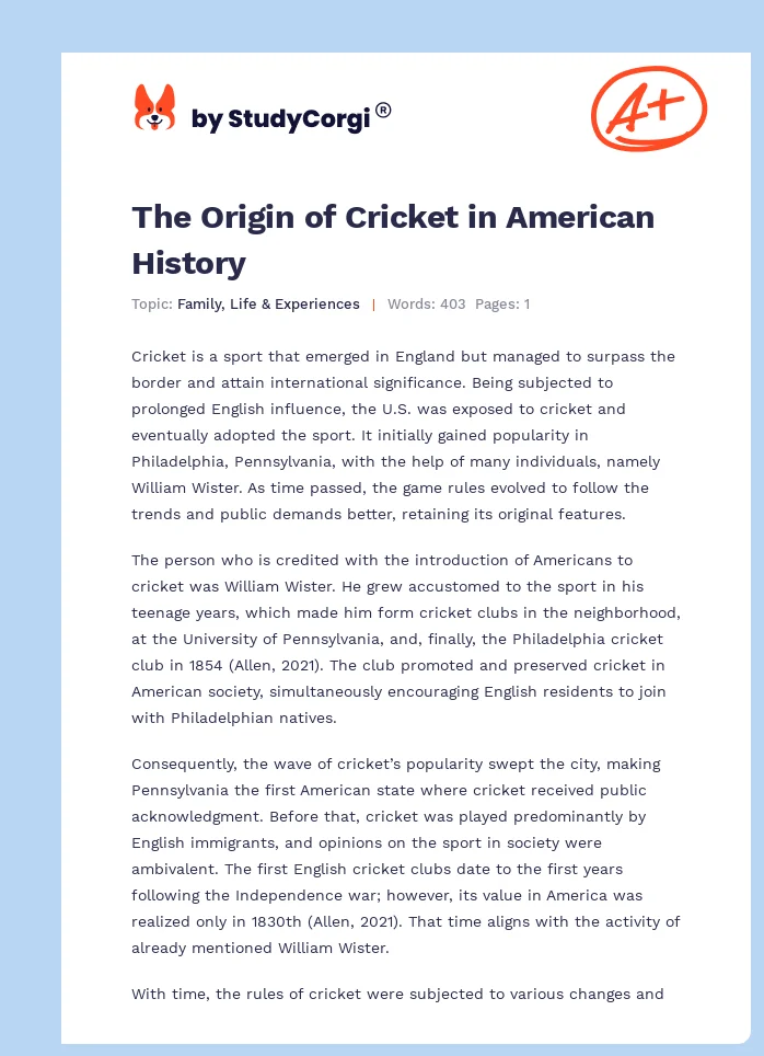 The Origin of Cricket in American History. Page 1