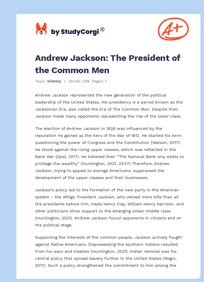 Andrew Jackson: The President of the Common Men. Page 1