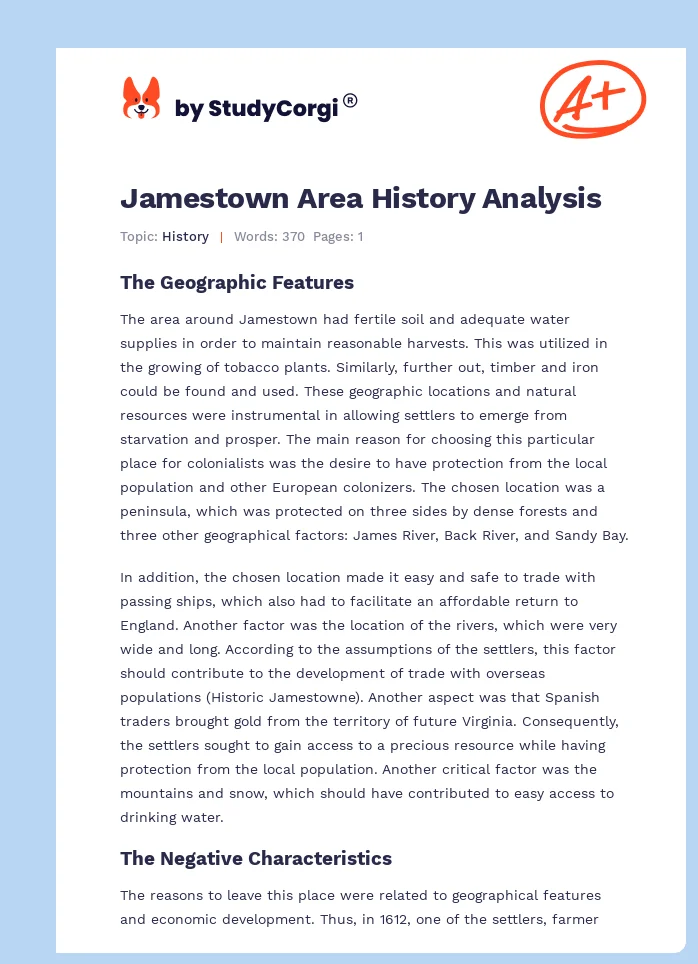 Jamestown Area History Analysis. Page 1