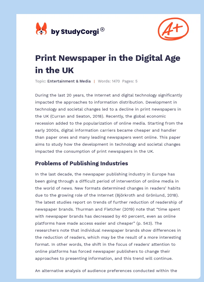 Print Newspaper in the Digital Age in the UK. Page 1