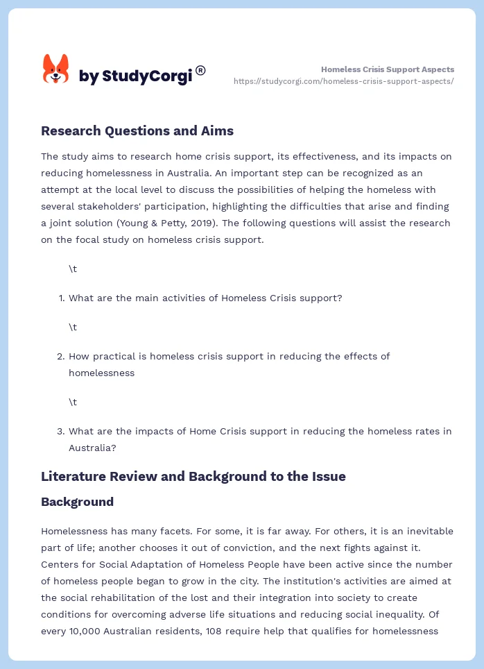 Homeless Crisis Support Aspects. Page 2