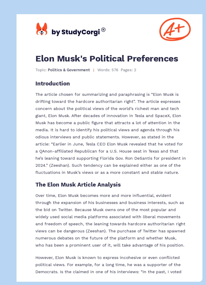 Elon Musk's Political Preferences. Page 1