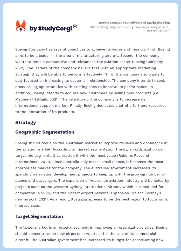 Boeing Company’s Analysis and Marketing Plan. Page 2