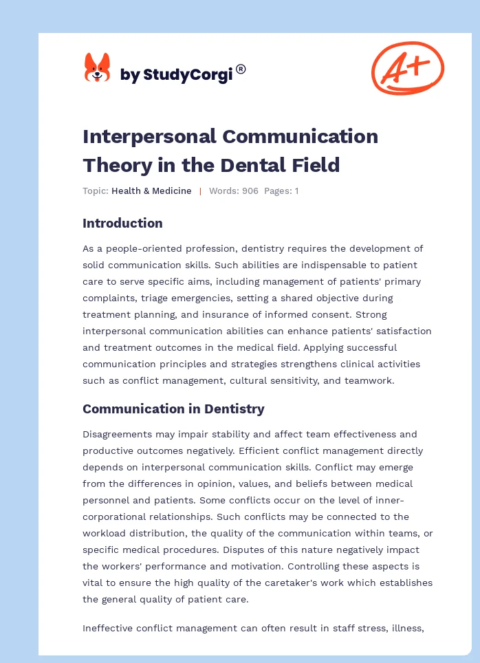 Interpersonal Communication Theory in the Dental Field. Page 1