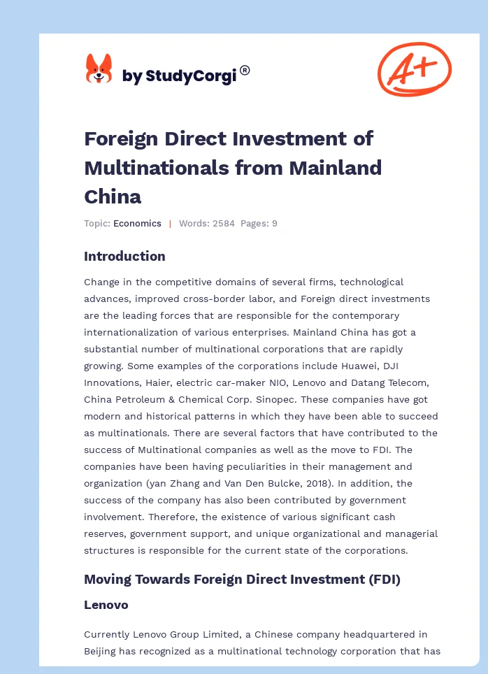 Foreign Direct Investment of Multinationals from Mainland China. Page 1