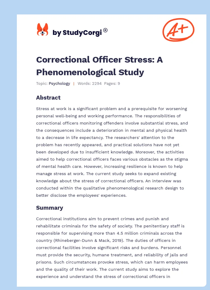 Correctional Officer Stress: A Phenomenological Study. Page 1