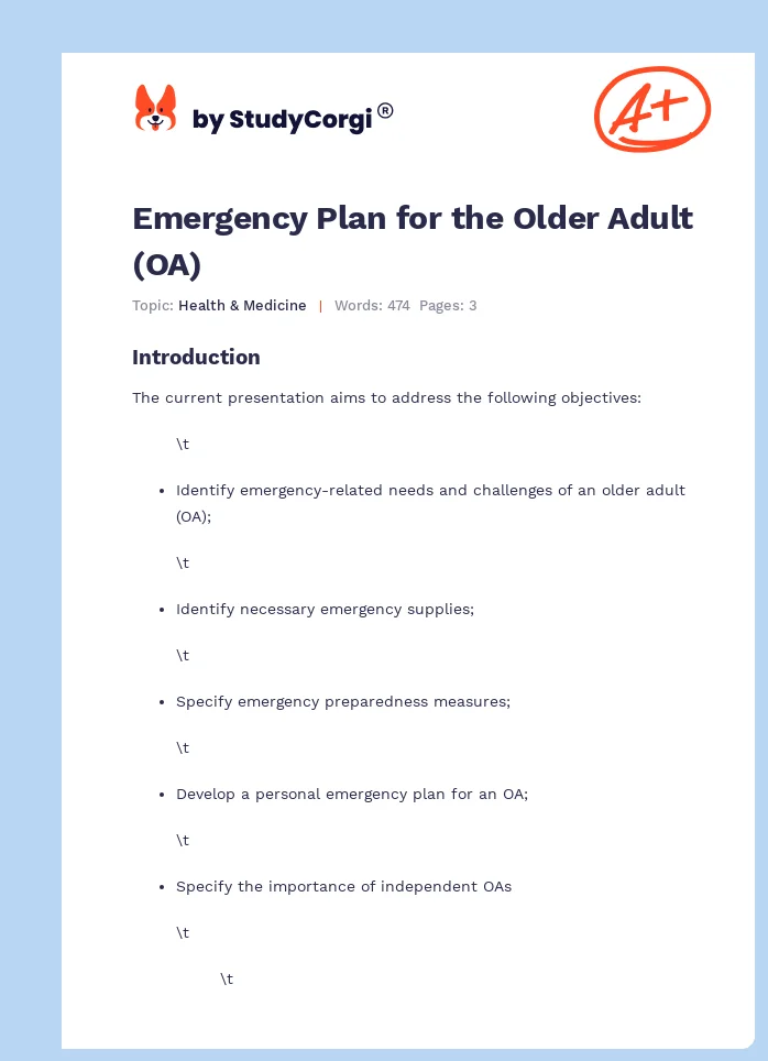 Emergency Plan for the Older Adult (OA). Page 1