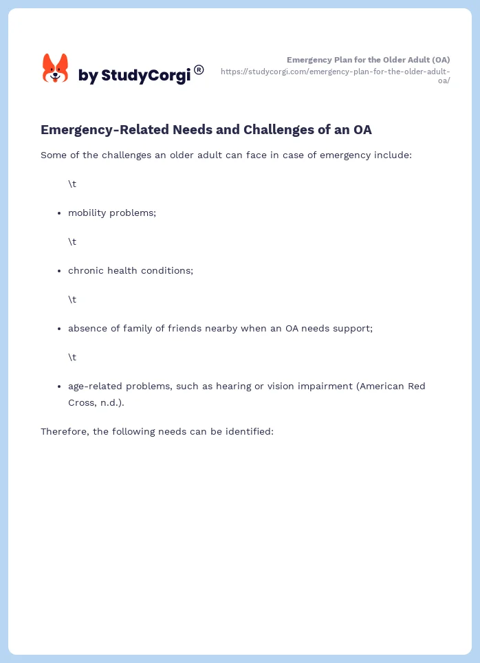 Emergency Plan for the Older Adult (OA). Page 2