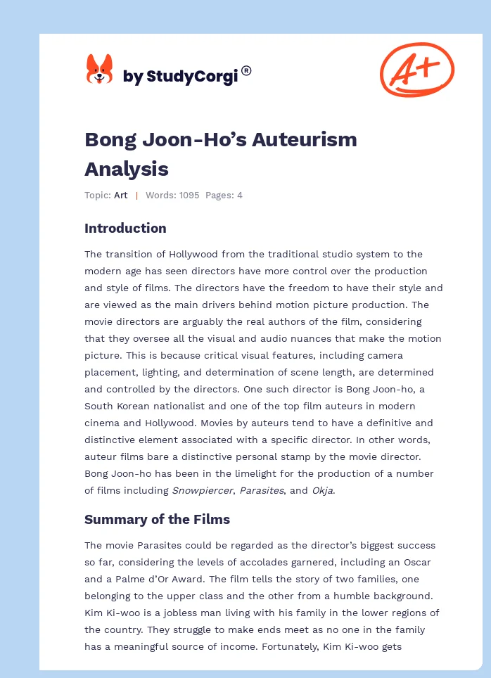 Bong Joon-Ho’s Auteurism Analysis. Page 1