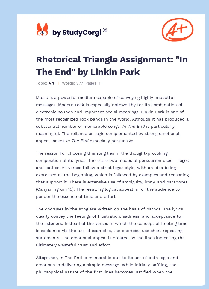 Rhetorical Triangle Assignment: "In The End" by Linkin Park. Page 1