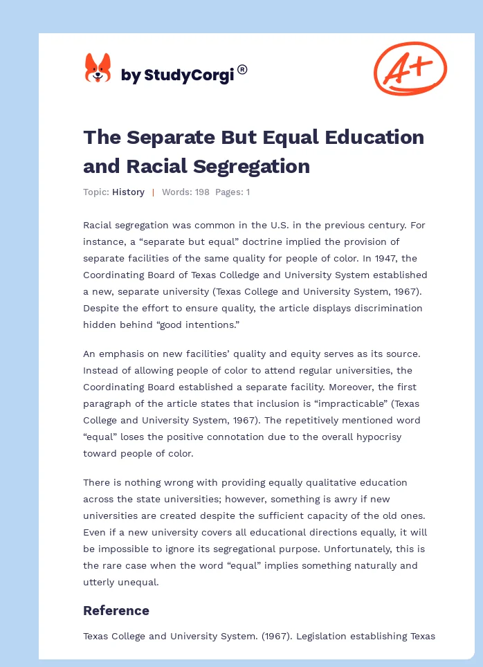 The Separate But Equal Education and Racial Segregation. Page 1