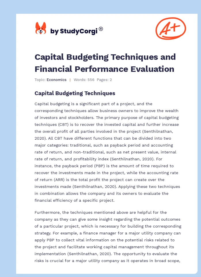 Capital Budgeting Techniques and Financial Performance Evaluation. Page 1