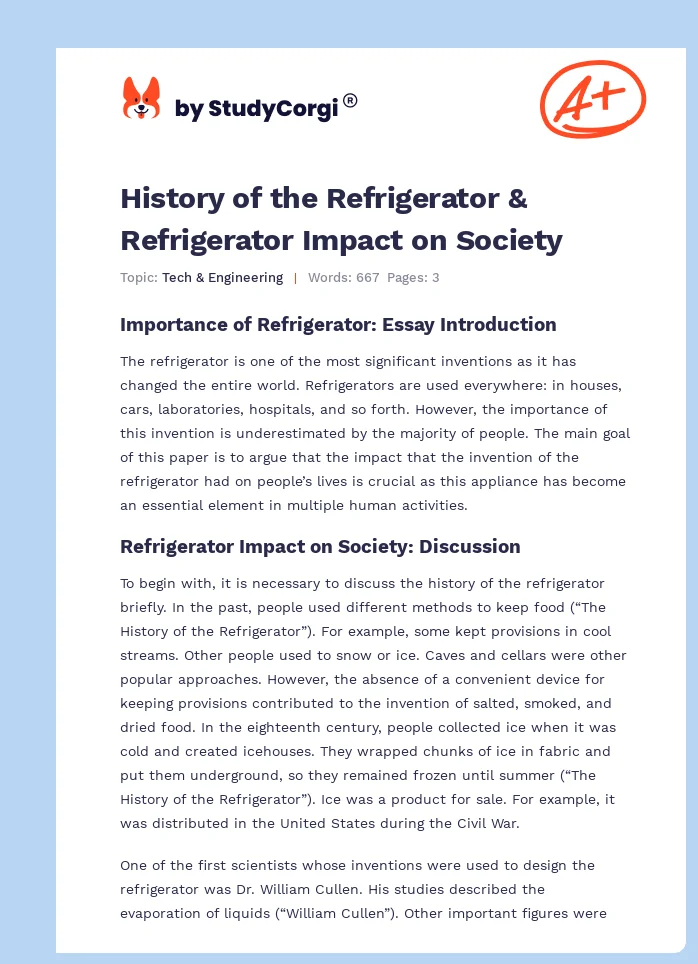 History of the Refrigerator & Refrigerator Impact on Society. Page 1