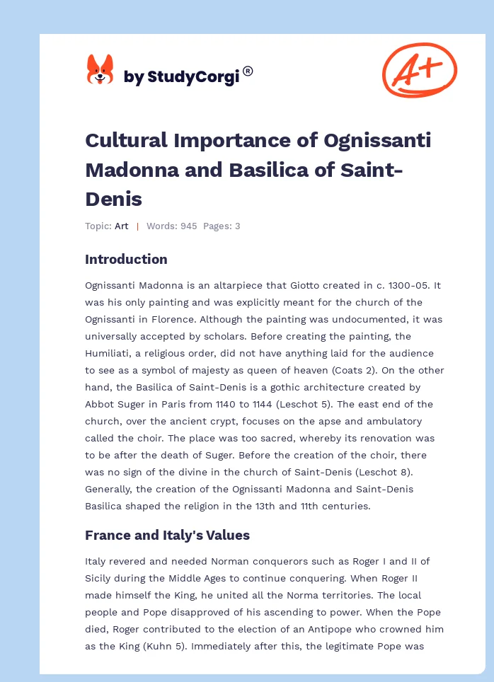 Cultural Importance of Ognissanti Madonna and Basilica of Saint-Denis. Page 1
