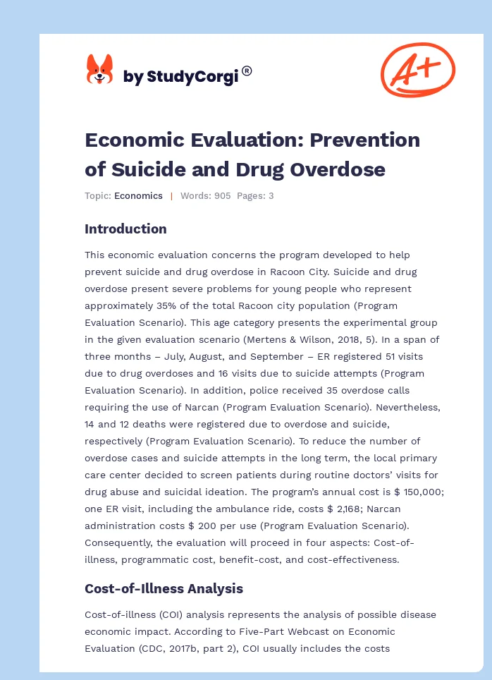 Economic Evaluation: Prevention of Suicide and Drug Overdose. Page 1