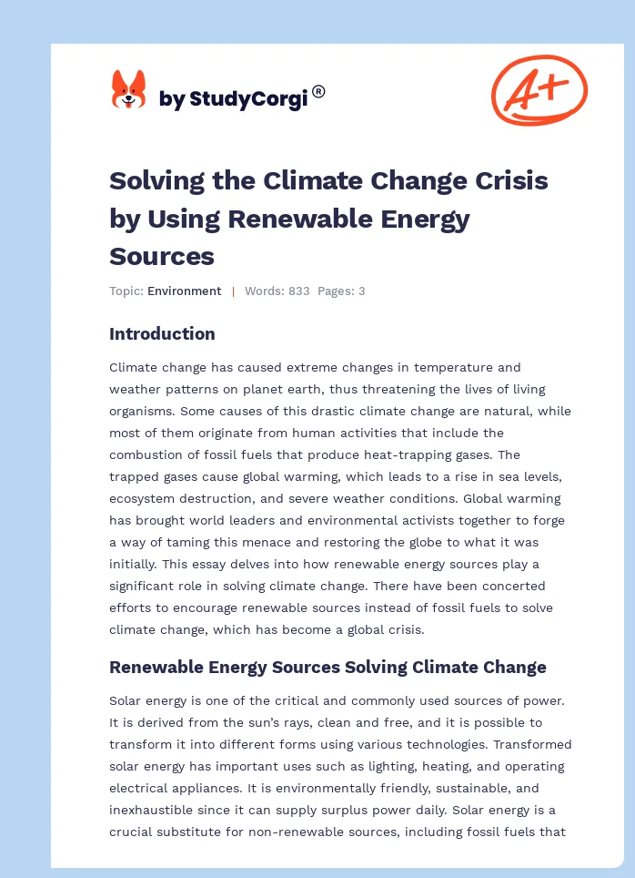 Solving the Climate Change Crisis by Using Renewable Energy Sources. Page 1
