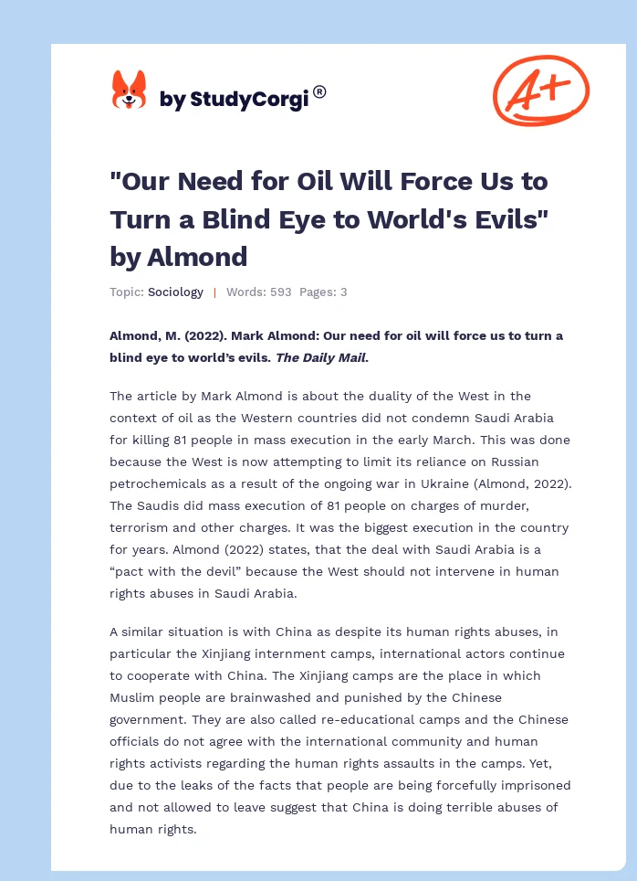 "Our Need for Oil Will Force Us to Turn a Blind Eye to World's Evils" by Almond. Page 1