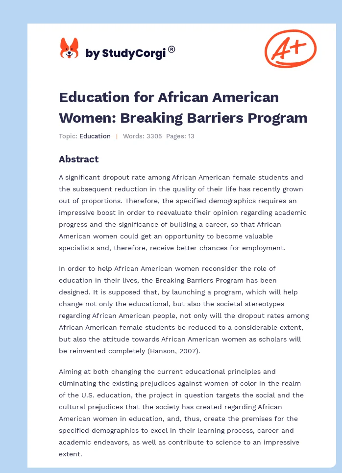 Education for African American Women: Breaking Barriers Program. Page 1