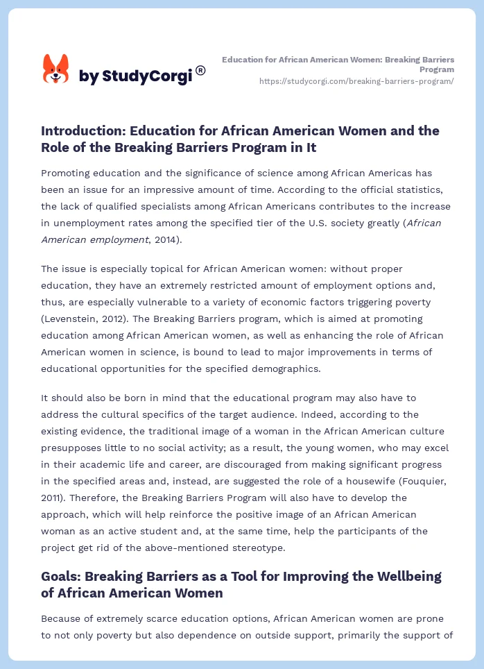 Education for African American Women: Breaking Barriers Program. Page 2