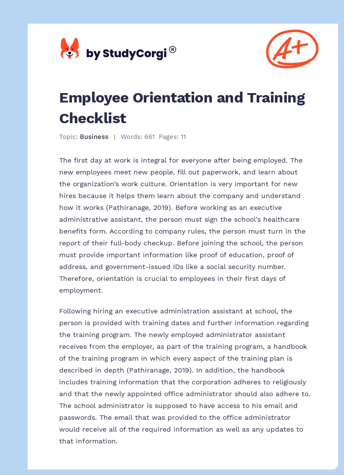 Employee Orientation and Training Checklist. Page 1