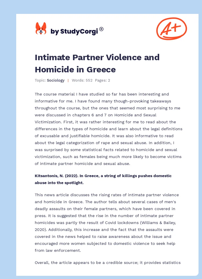 Intimate Partner Violence and Homicide in Greece. Page 1