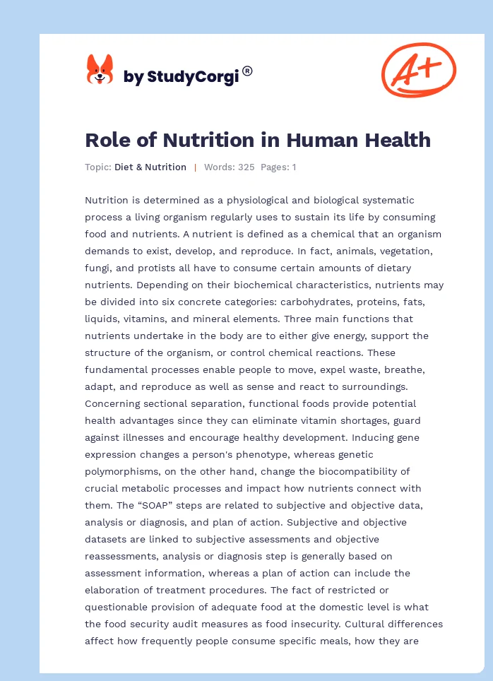 Role of Nutrition in Human Health. Page 1