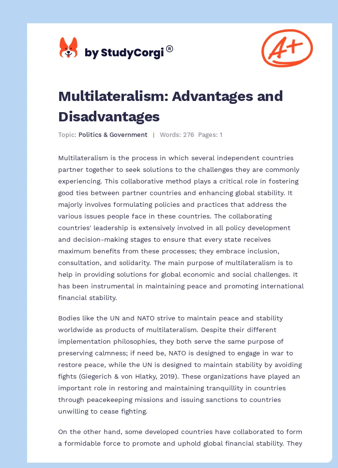 Multilateralism: Advantages and Disadvantages. Page 1
