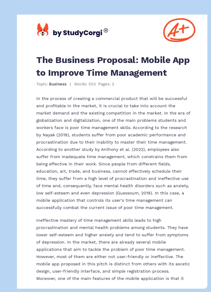 The Business Proposal: Mobile App to Improve Time Management. Page 1